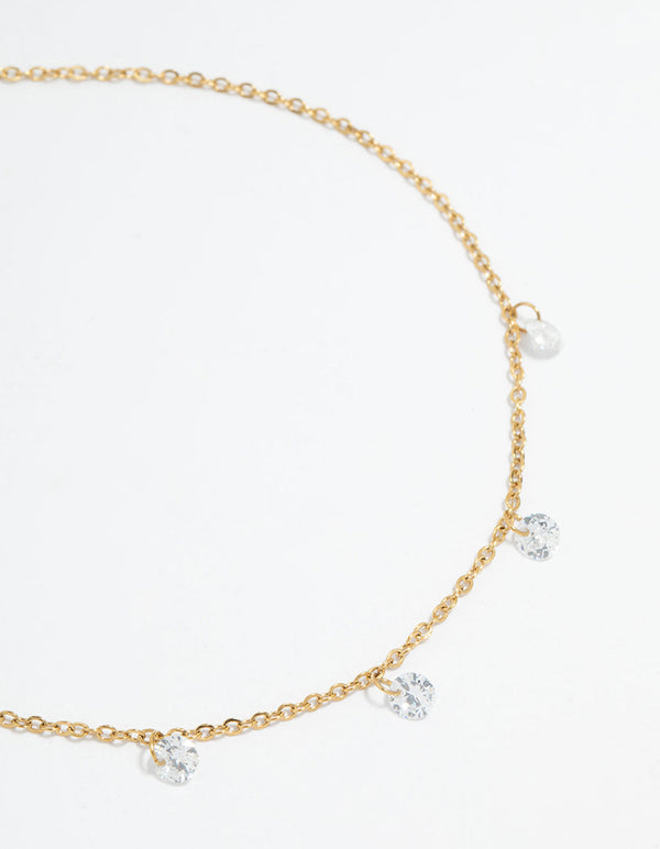 Featuring a waterproof gold plated stainless steel anklet with charm cubic zirconia droplet detail view