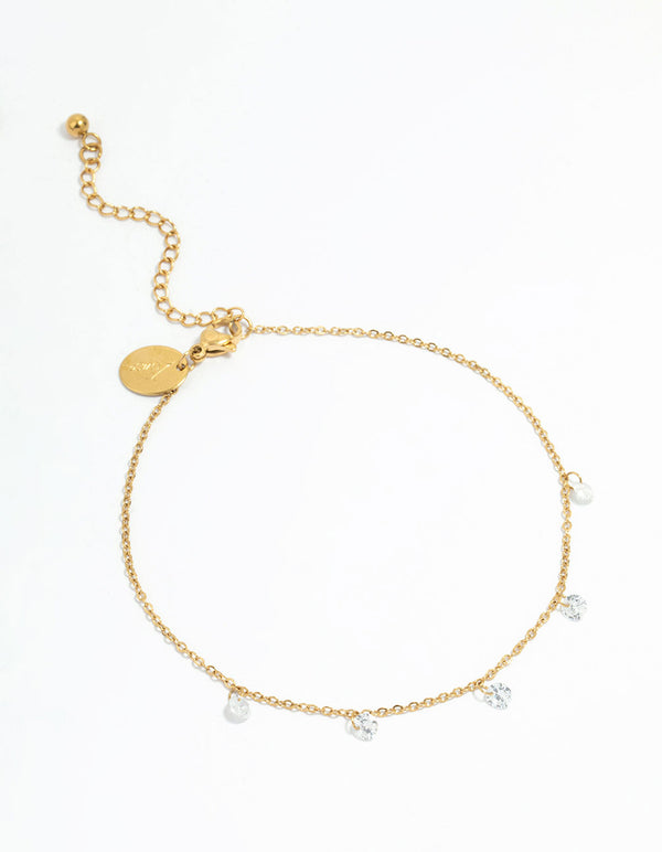 Showcasing a waterproof gold plated stainless steel anklet with charm cubic zirconia droplet front view