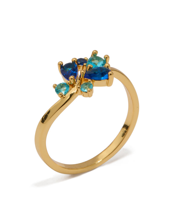 Gold Plated Blue Cubic Zirconia Cluster Ring
