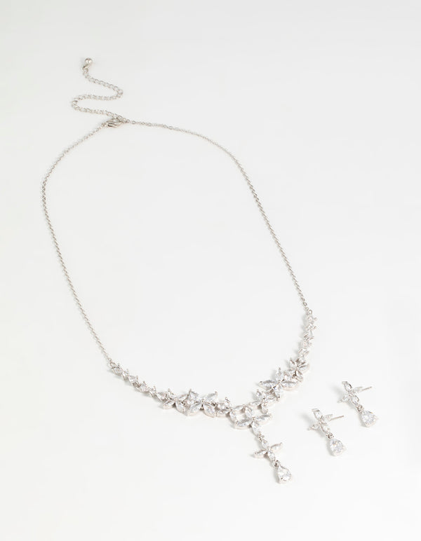 Silver Cubic Zirconia Flower Drop Earrings & Necklace Set