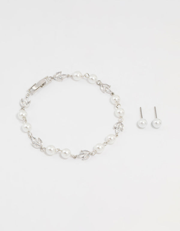 Silver Cubic Zirconia Pearl Leaf Bracelet & Earrings Set