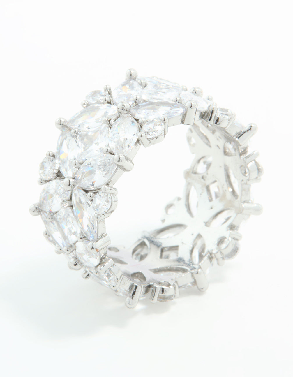 Silver Plated Cubic Zirconia Floral Wide Band Ring