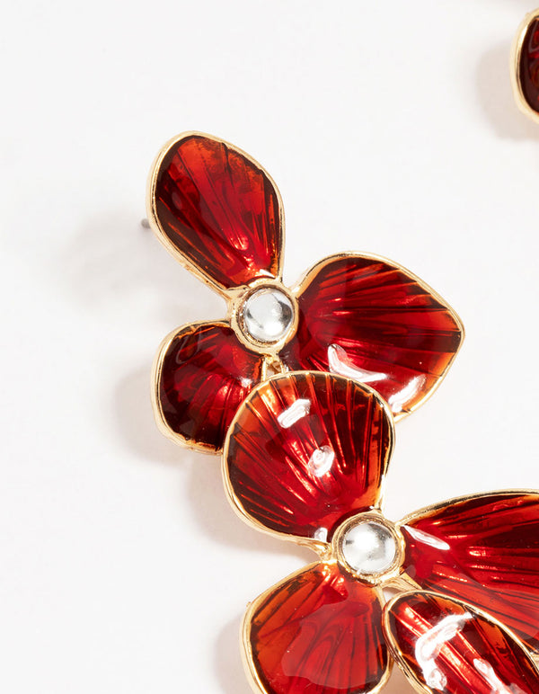 Gold Red Enamel Triple Flower Drop Earrings