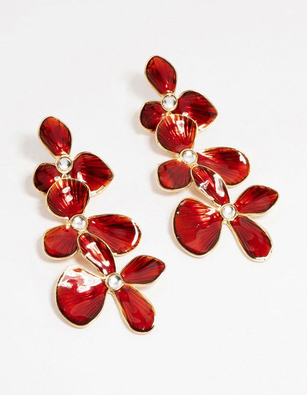 Gold Red Enamel Triple Flower Drop Earrings