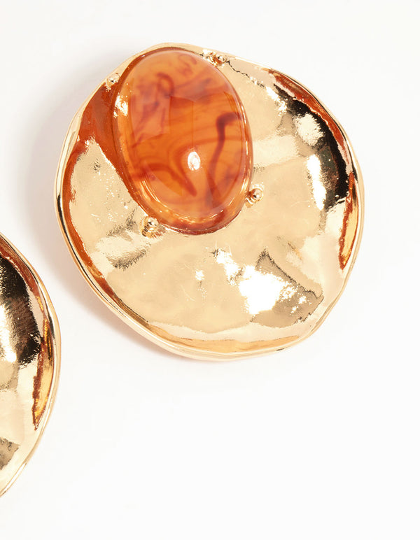 Gold Stone Disc Large Stud Earrings