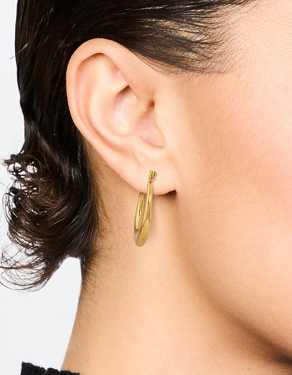 Discover waterproof gold plated stainless steel crescent hoop earrings 18 MM on ear view