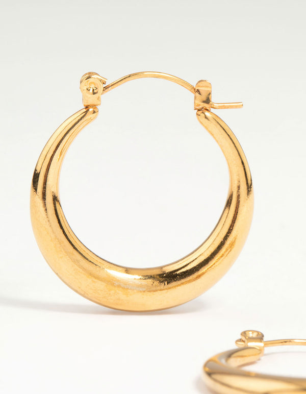 Explore waterproof gold plated stainless steel crescent hoop earrings 18 MM close up view