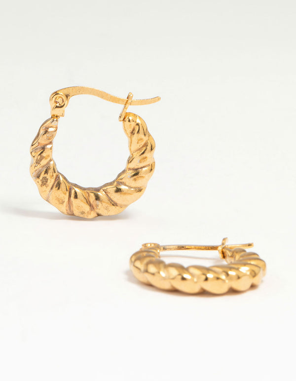 Discover waterproof gold plated stainless steel textured crescent hoop earrings with clasp front view