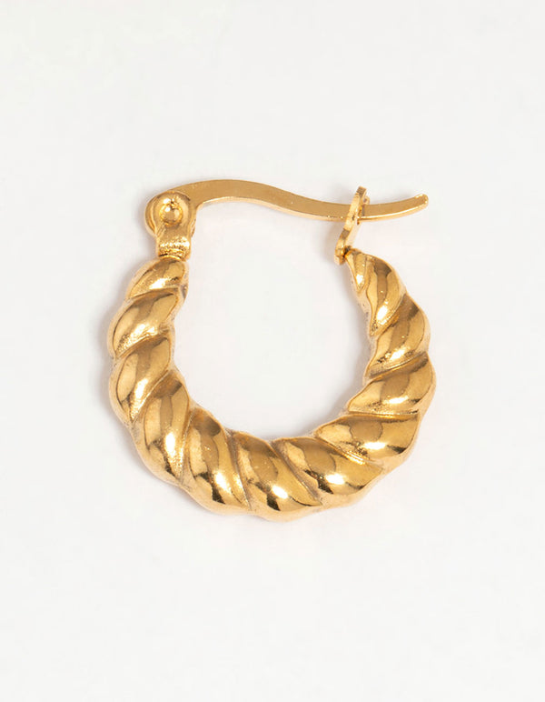 Designed with waterproof gold plated stainless steel textured crescent hoop earrings highlighting clasp mechanism post detail view