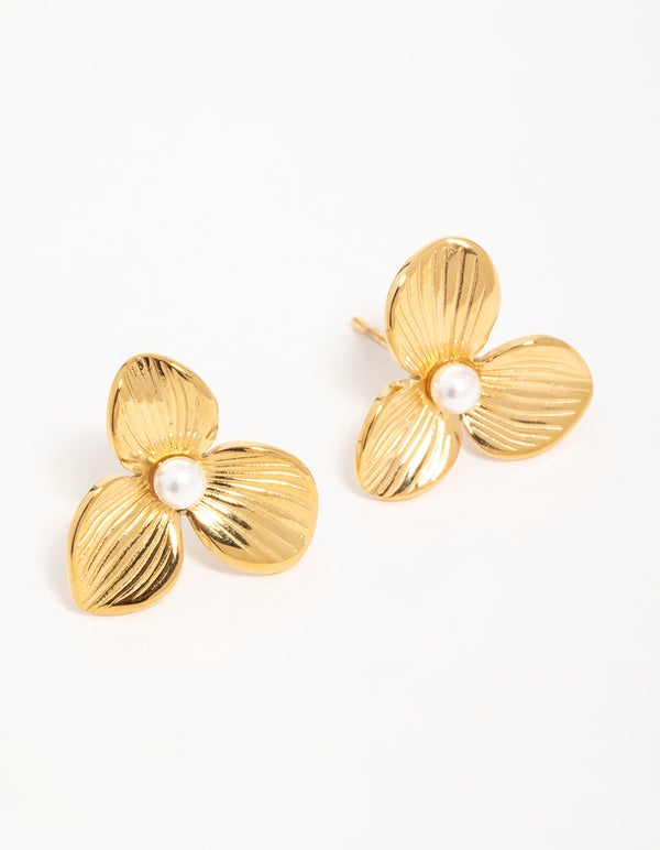 Discover waterproof gold plated stainless steel pearl flower stud earrings front view