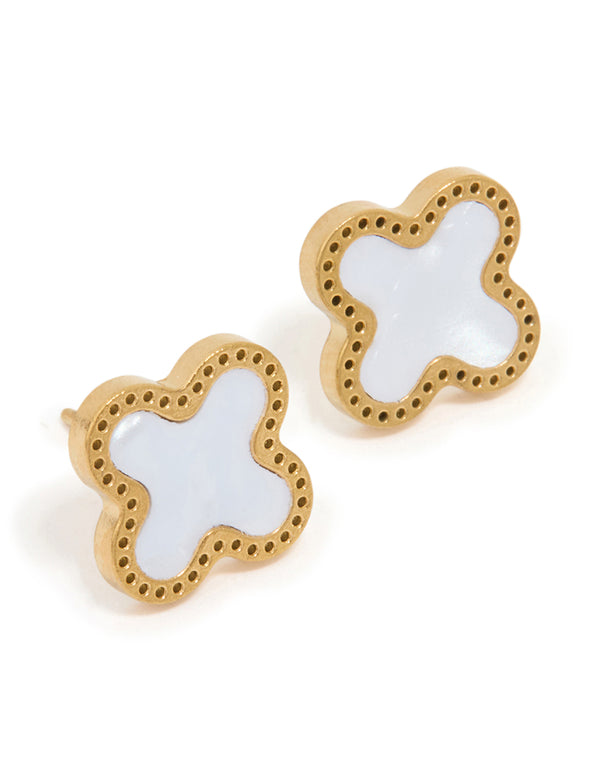 Showcasing waterproof stainless steel stud earrings with floral enamel design in gold plated finish front view