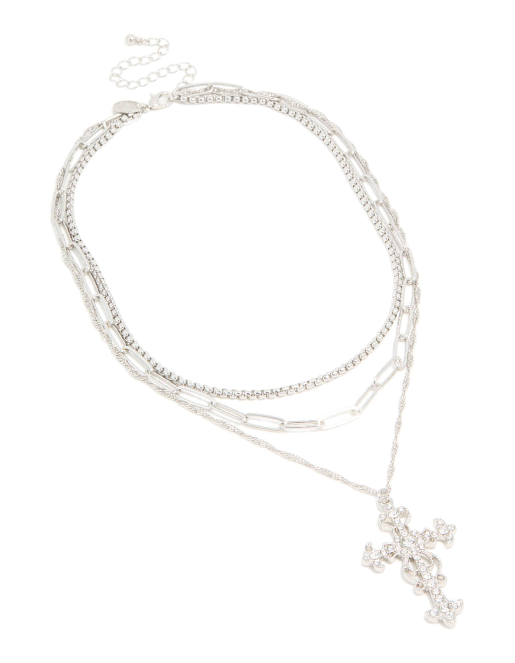 Presenting a silver diamante cross layered necklace with cubic zirconia front view