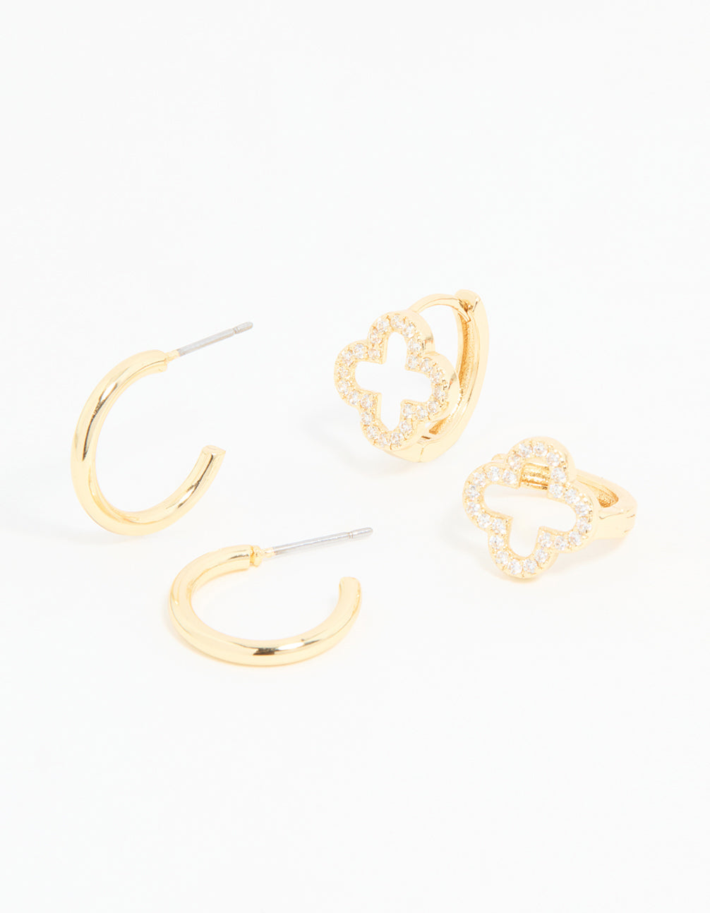Gold Plated Cubic Zirconia Flower & Plain Huggie Earrings 2-Pack