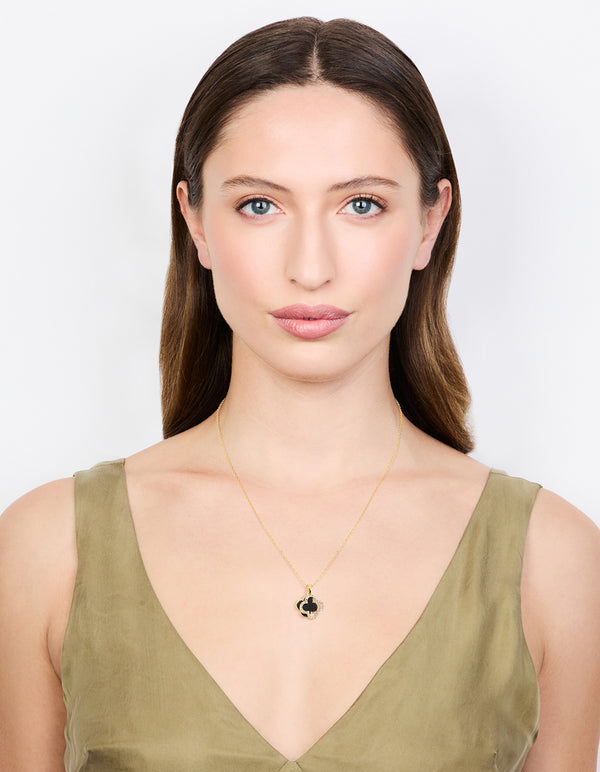 Gold Plated Diamante Outline Black Flower Pendant Necklace