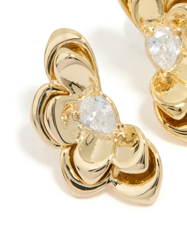 Gold Plated Cubic Zirconia Half Flower Stud Earrings