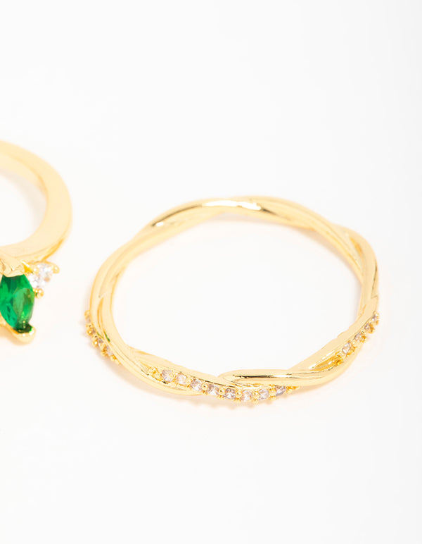 Gold Plated Emerald Diamante Teardrop Rings 3-Pack