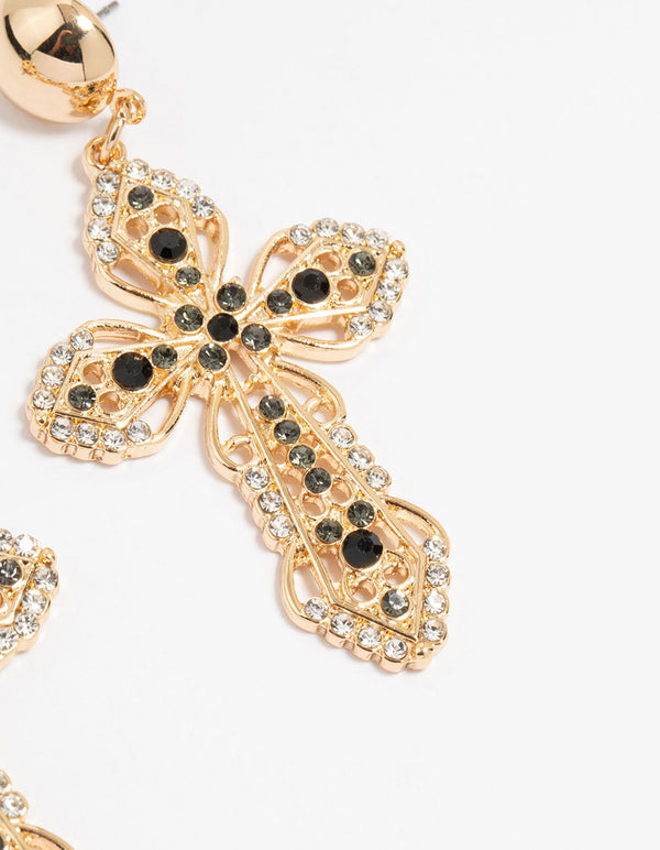 Gold Black Diamante Cross Drop Earrings