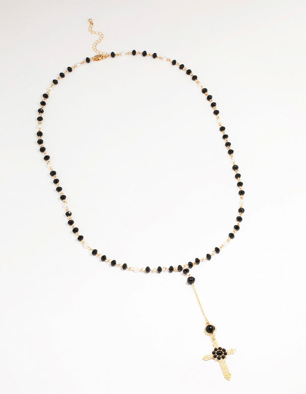 Gold & Black Beaded Cross Pendant Long Y-Necklace