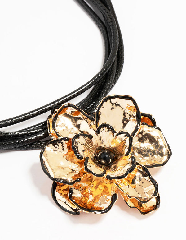 Gold Flower Fabric Black Cord Choker Necklace
