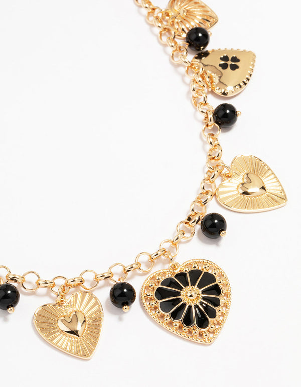 Gold Black Beaded Heart Charm Necklace