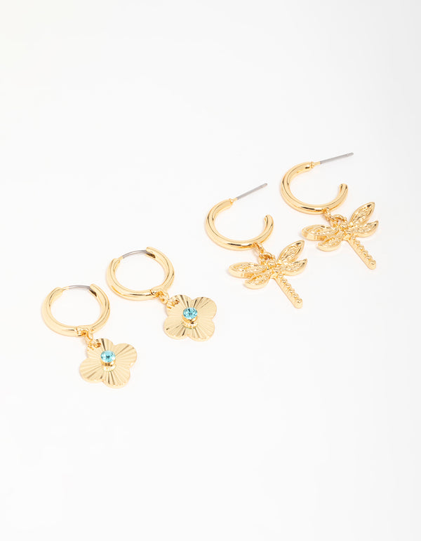 Gold Dragonfly & Flower Drop Earrings 2-Pack