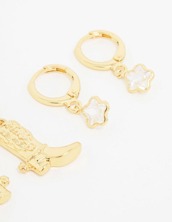 Gold Plated Cubic Zirconia Boot Earrings 3-Pack
