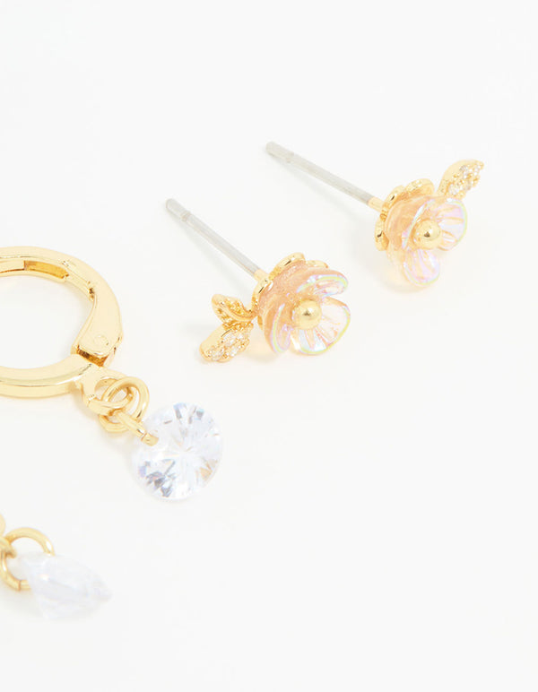 Gold Plated Cubic Zirconia Floral Drop Earrings 3-Pack