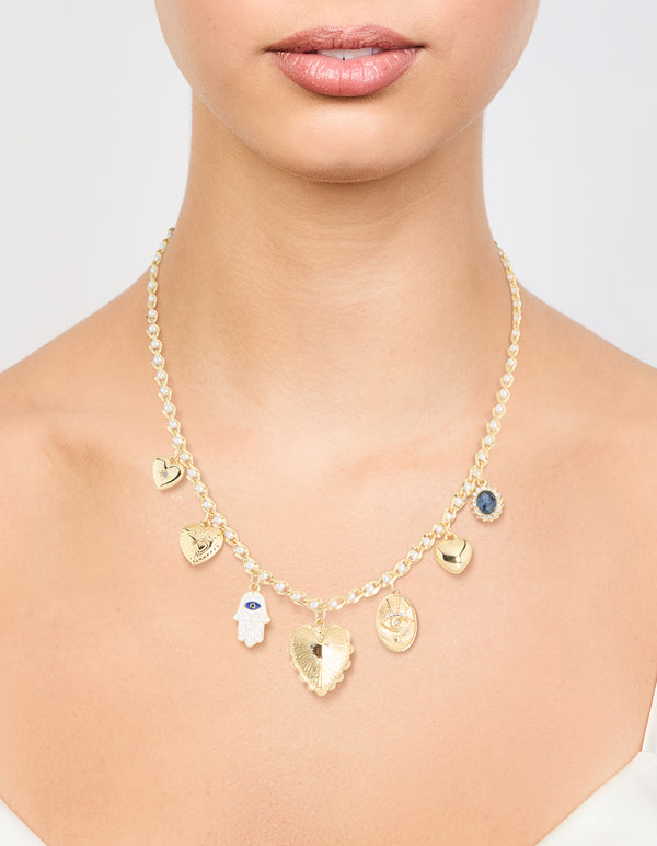Gold Evil Eye & Heart Charm Necklace