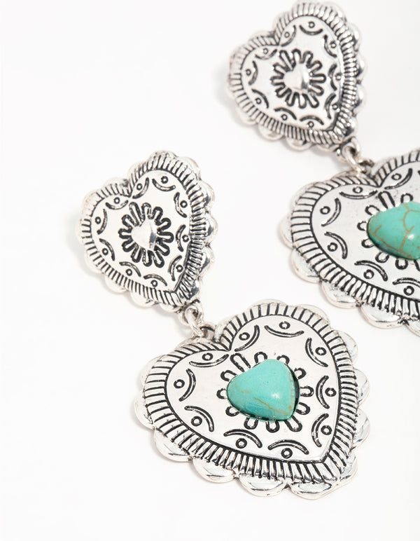 Antique Silver Turquoise Double Heart Drop Earrings