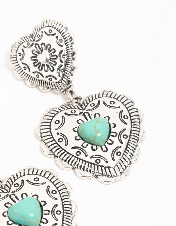 Antique Silver Turquoise Double Heart Drop Earrings