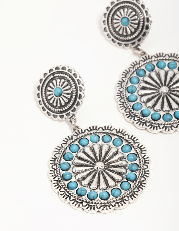 Antique Silver Turquoise Circle Drop Earrings