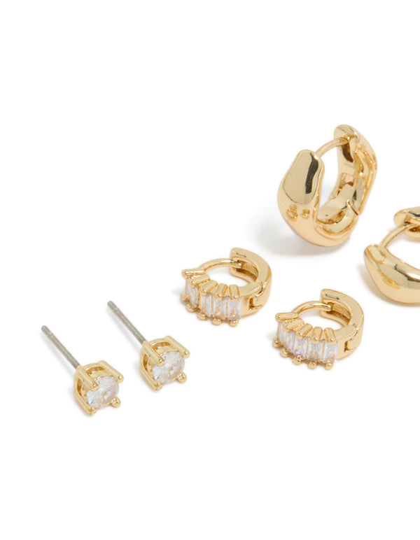 Gold Plated Brass Cubic Zirconia Baguette Earrings 4-Pack