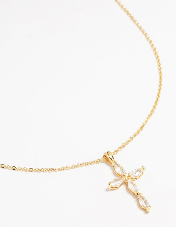 Gold Plated Brass Cubic Zirconia Marquise Cross Pendant Necklace