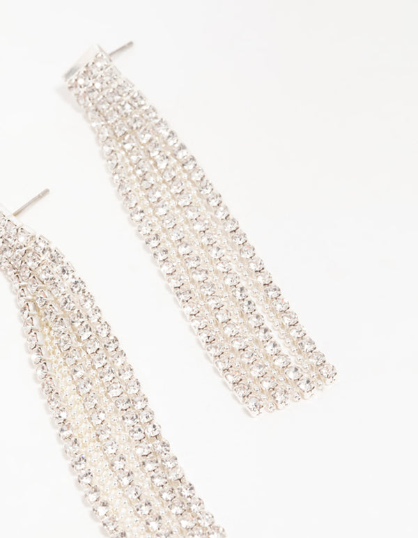 Silver Diamante Chain Tassel Drop Earrings