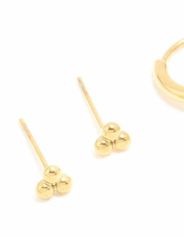 Waterproof Gold Plated Stainless Steel Dagger Huggie & Stud Earrings 2-Pack