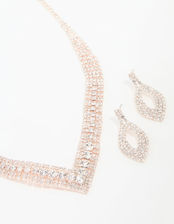 Rose Gold Diamante Pointed Cupchain Earring & Necklace Set