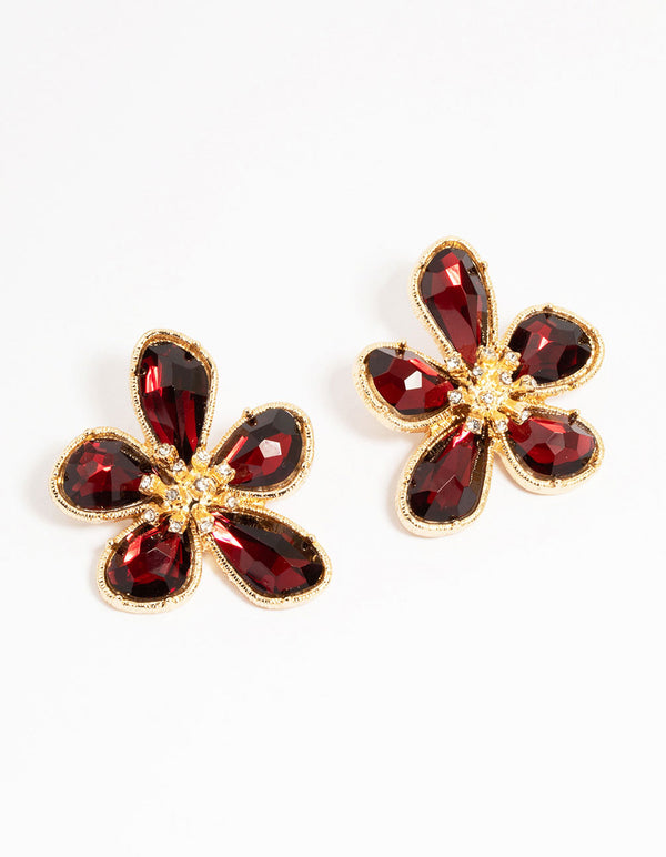 Gold Red Stone Flower Large Stud Earrings