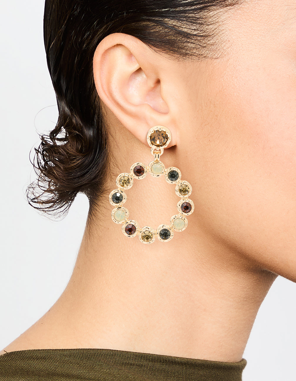 Gold Multi-Coloured Stone Circle Drop Earrings