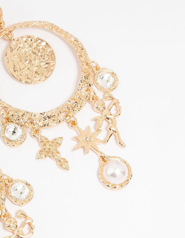 Gold Celestial Pearl Charm Drop Earrings