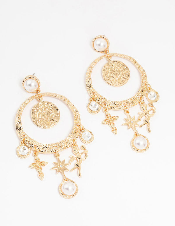 Gold Celestial Pearl Charm Drop Earrings