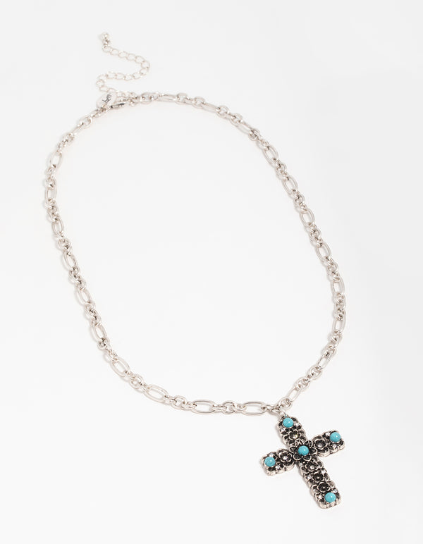 Antique Silver Turquoise Stone Cross Pendant Necklace