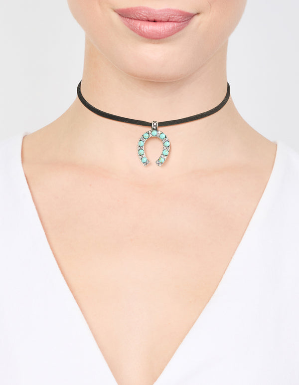 Silver Cord Turquoise Horseshoe Choker Necklace