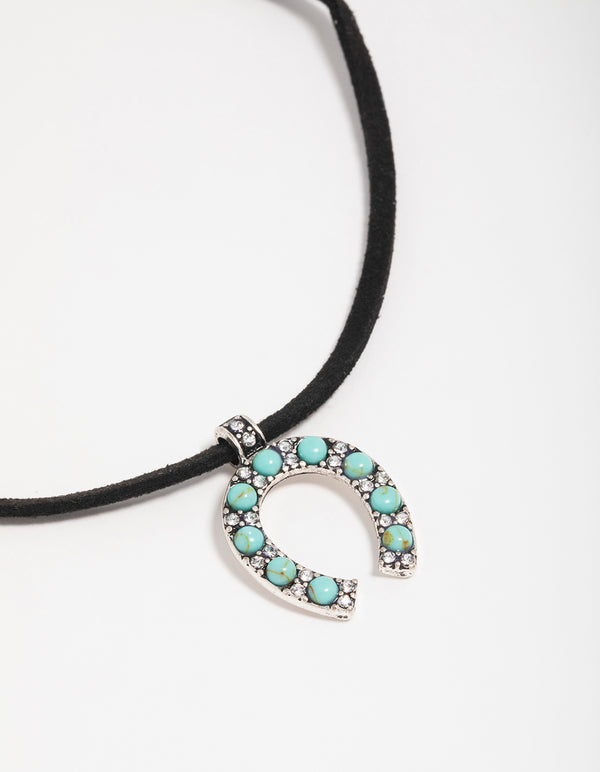 Silver Cord Turquoise Horseshoe Choker Necklace