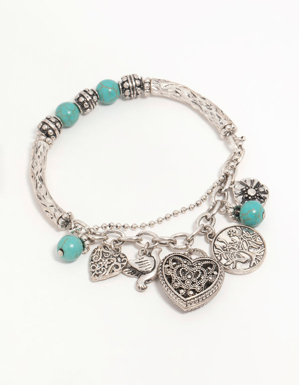 Antique Silver Turquoise Heart Charm Stretch Bracelet