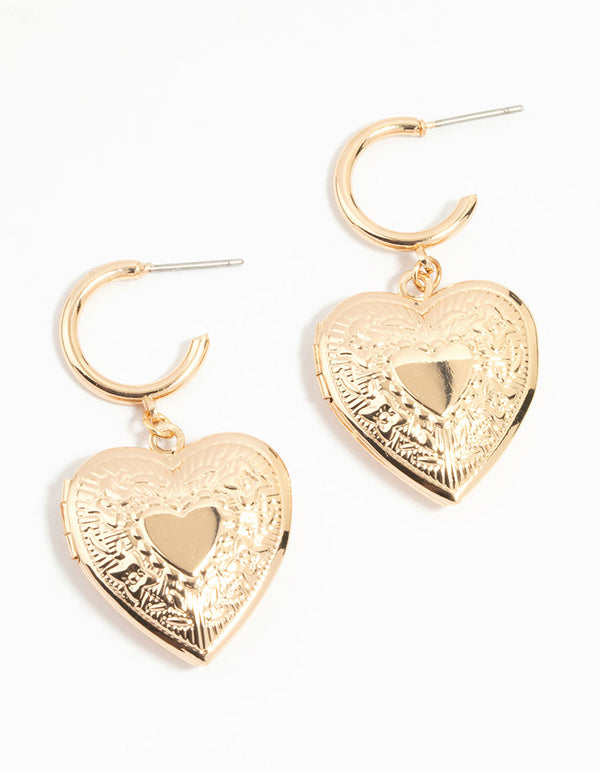 Gold Heart Locket Drop Earrings