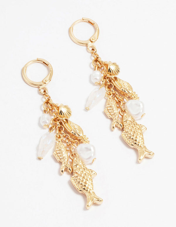 Gold Shell Fish Charm Drop Earrings