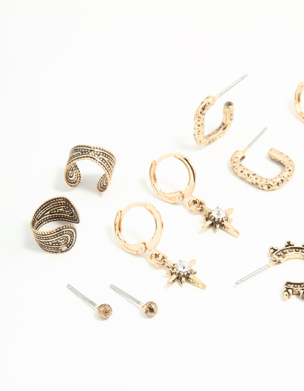 Antique Gold Sun & Star Huggie & Stud Earrings 6-Pack