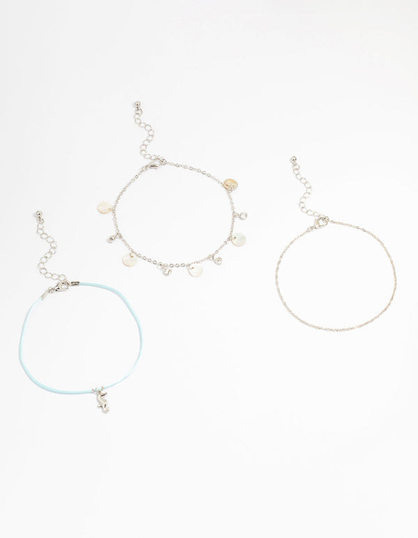 Silver Genuine Shell Seahorse Anklets 3-Pack