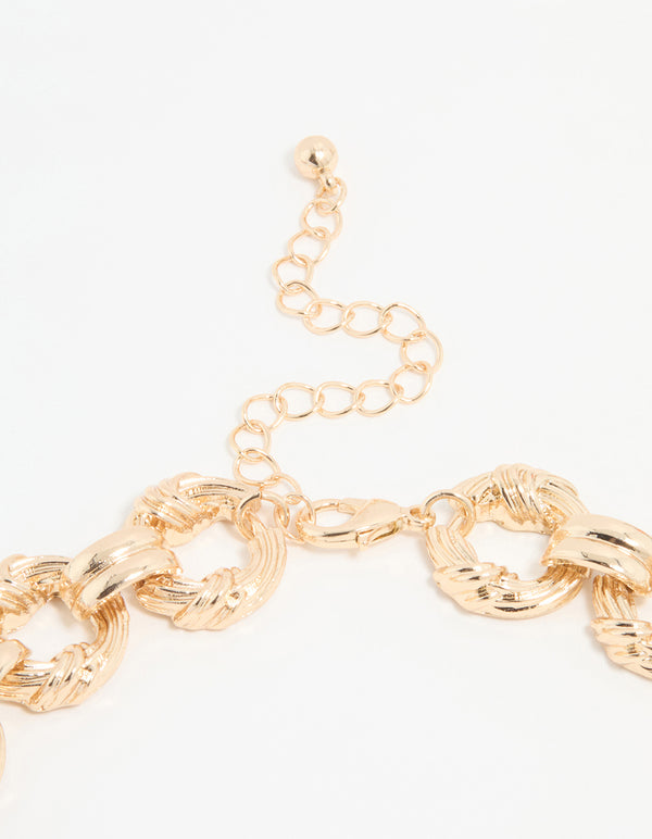 Gold Ribbed Knotted Link Necklace
