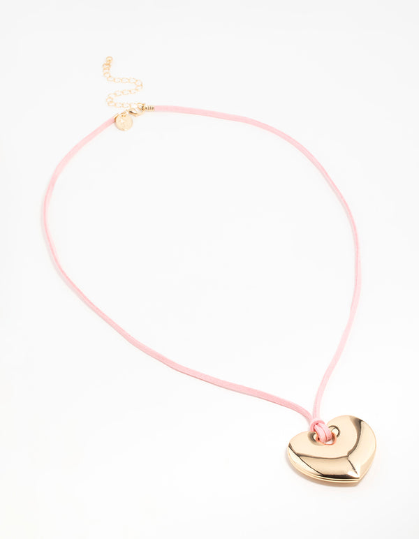 Gold Puffy Heart Pendant Pink Cord Necklace